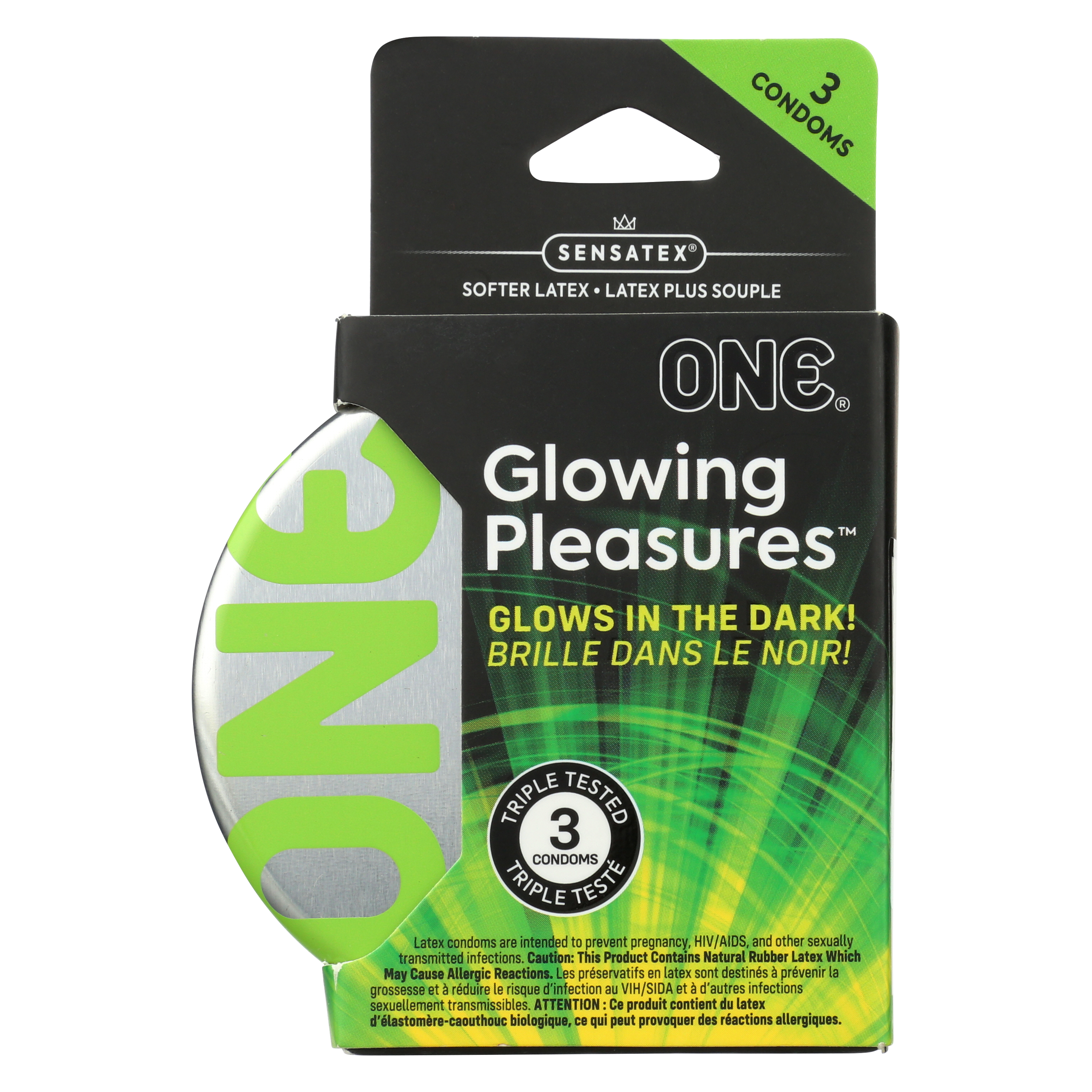 Glowing Pleasures Condoms 3 pks, Case of 144 (24 Bundles of 6)