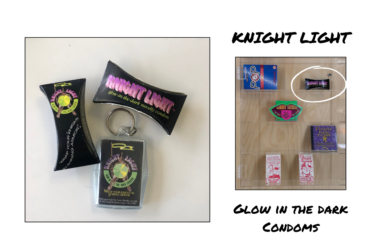 This image shows Knight Light Condoms, the world’s first glow-in-the-dark condoms. The photo shows the front and back of the Knight Light packaging, the Knight Light condom ket chain, and the Knight Light condom in a display case at the Museum of Sex Miami. 