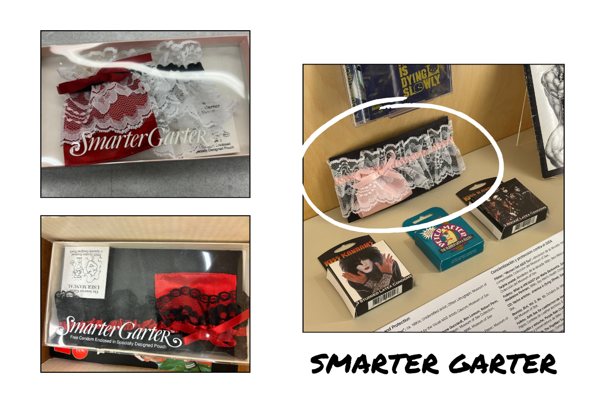 This image shows two variations of the Smarter Garter. The version on the top is red and white, in clear packaging that says “Smarter Garter” in cursive writing. The version on the bottom is red and white, in clear packaging that says “Smarter Garter” in cursive writing. The image also shows the Smarter Garter in a display case at the Museum of Sex Miami. 