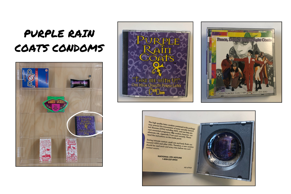 The image shows the Purple Rain Coats Condom packaging. The front of the package is purple patterned with “Purple Rain Coats” text. The back of the package has a picture of Prince. The inside of the package has a condom and additional text about Prince. The final image shows the Purple Rain Coats condoms in a display case at the Museum of Sex Miami. 