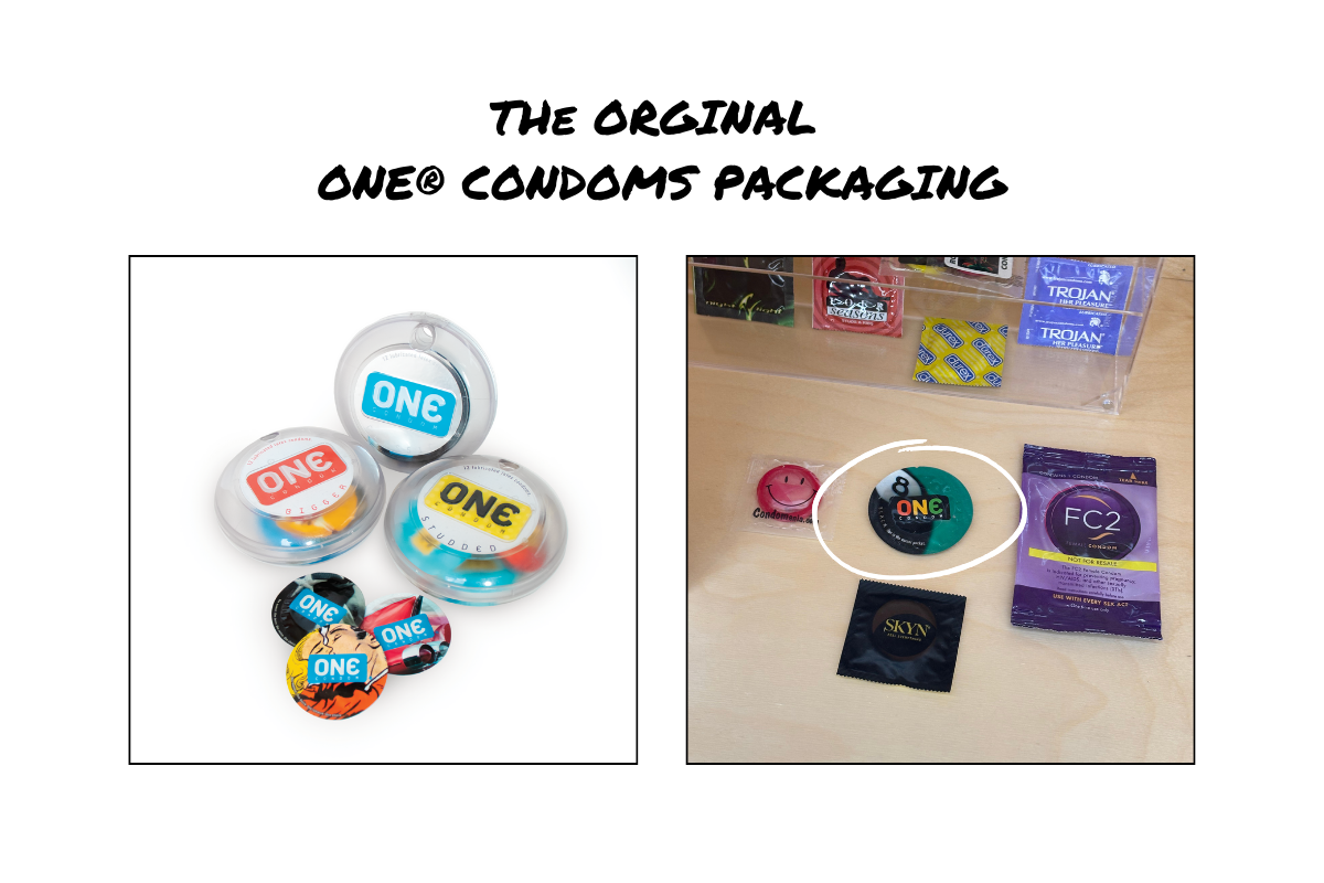 This image shows the original ONE Condoms packaging. There are three variations of the condom case with ONE logos in red, blue, and yellow. There are also three different ONE condoms with blue logos and colorful backgrounds. The image also shows a ONE Condom in the display case at the Museum of Sex.