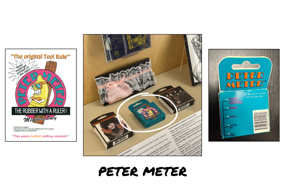 This image shows the Peter Meter. On the left, there is an image of a Peter Meter ad that says “The original Tool Rule” with a condom character leaning against a pink circle that says “PETER METER” in blue. The image also shows the Peter Meter packaging on display at the Museum of Sex and the back of the Peter Meter packaging.