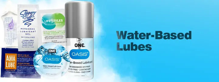 An image that shows lubricants on the right - Slippery Stuff, AquaLube, Oasis, LifeStyles, and Oasis bottle. Text says Water-based lubes