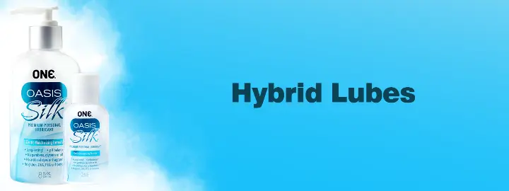 Image says Hybrid Lubes and shows a bottle of Oasis Silk 8oz pump bottle and Oasis Silk travel size bottle